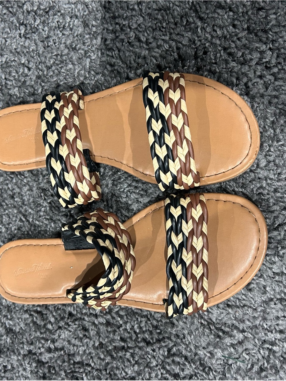 Universal Thread Tan Slide Sandals with Braided Black, Brown and Cream Straps